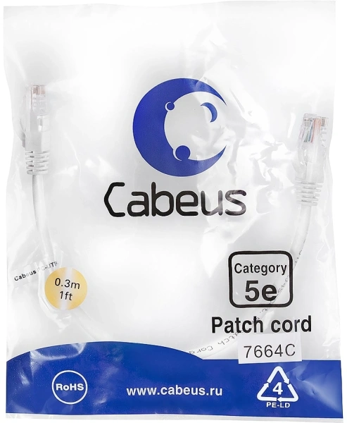 Патч-корд Cabeus PC-UTP-RJ45-Cat.5e-0.3m-WH U/UTP RJ-45 вил.-вилка RJ-45 кат.5E 0.3м белый ПВХ