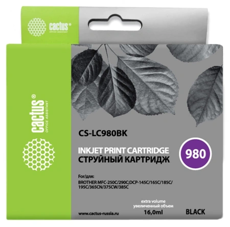 Картридж струйный Cactus CS-LC980BK черный (16мл) для Brother DCP-145C/165C/MFC-250C/290C с чипом
