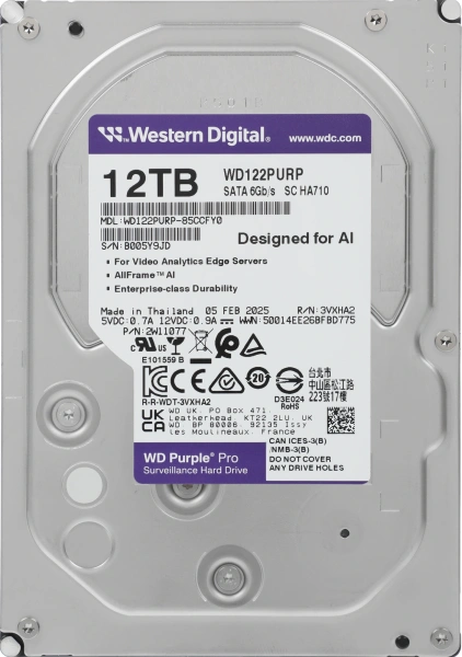 Жесткий диск WD SATA-III 12TB WD122PURP Surveillance Purple Pro (7200rpm) 256Mb 3.5"