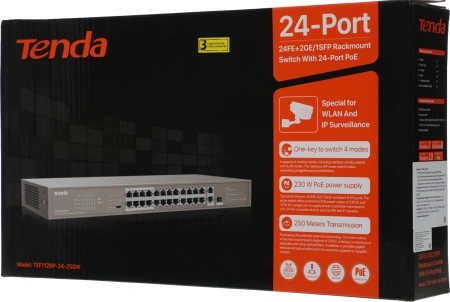Коммутатор Tenda TEF1126P-24-250W (L2) 24x100Мбит/с 2x1Гбит/с 1SFP 24PoE 230W неуправляемый