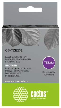 Картридж ленточный Cactus CS-TZE232 TZe-232 красный на белом 12x8 для Brother PT-P1010, PT-P700, P750W, P900W, P950W, PT-D210, D450VP, D600VP, PT-H110BUNDE