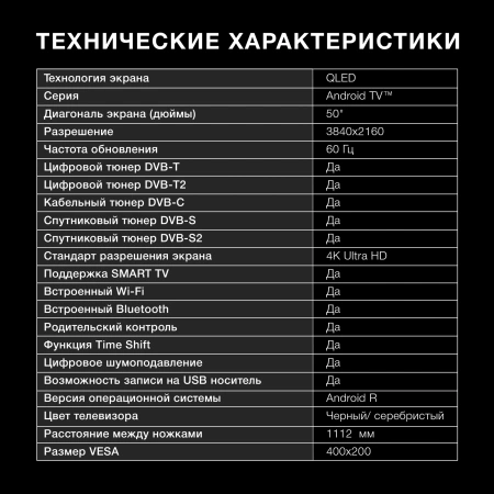 Телевизор QLED Hyundai 50" H-LED50QBU7500 Android TV Frameless черный/серебристый 4K Ultra HD 60Hz DVB-T DVB-T2 DVB-C DVB-S DVB-S2 USB WiFi Smart TV