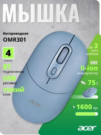 Мышь Acer OMR301 синий оптическая 1600dpi беспров. BT/Radio USB 4but (ZL.MCECC.01S)