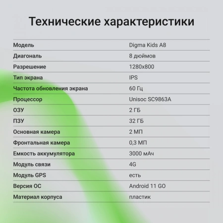 Планшет Digma Kids A8 SC9863A (1.6) 8C RAM2Gb ROM32Gb 8" IPS 1280x800 4G Android 11.0 Go розовый 2Mpix 0.3Mpix BT WiFi microSD 512Gb 3000mAh 240hrs