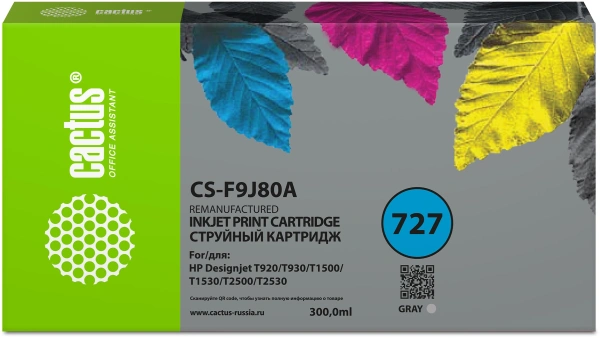 Картридж струйный Cactus CS-F9J80A 727 XXL серый (300мл) для HP Designjet T920/T930/T1500/T1530/T2500/T2530 с чипом
