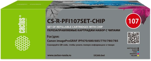 Картридж перезаправляемый струйный Cactus CS-R-PFI107SET-CHIP черный/черный матовый/голубой/желтый/пурпурный набор 5шт.упак. для Canon imageProGRAF iPF670/680/685/770/780/785 с чипом