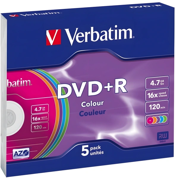 Диск DVD+R Verbatim 4.7Gb 16x Slim case (5шт) Color (43556)