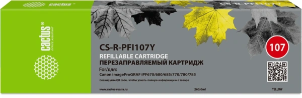 Картридж перезаправляемый струйный Cactus CS-R-PFI107Y желтый (260мл) для Canon imageProGRAF iPF670/680/685/770/780/785 без чипа
