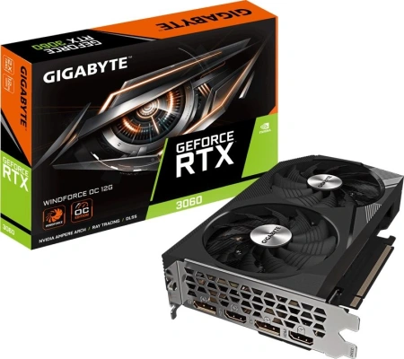 Видеокарта Gigabyte PCI-E 4.0 GV-N3060WF2-12GD 2.0 NVIDIA GeForce RTX 3060 12Gb 192bit GDDR6 1792/15000 HDMIx2 DPx2 HDCP Ret