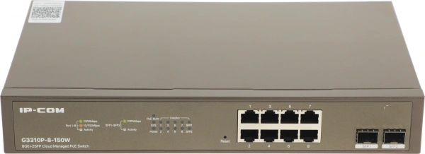 Коммутатор IP-Com G3310P-8-150W (L2) 8x1Гбит/с 2xКомбо(1000BASE-T/SFP) 2SFP 8PoE 130W управляемый
