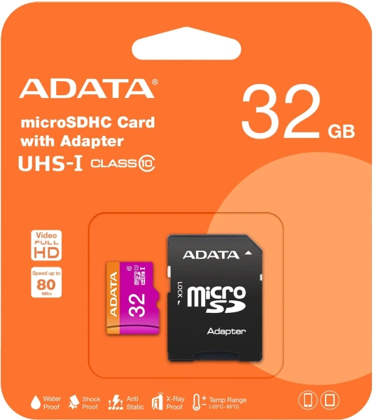 Флеш карта microSDHC 32GB A-Data AUSDH32GUICL10-RA1 + adapter