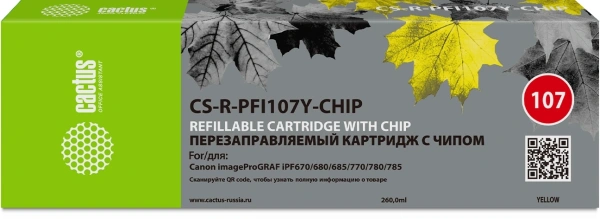 Картридж перезаправляемый струйный Cactus CS-R-PFI107Y-CHIP желтый (260мл) для Canon imageProGRAF iPF670/680/685/770/780/785 с чипом