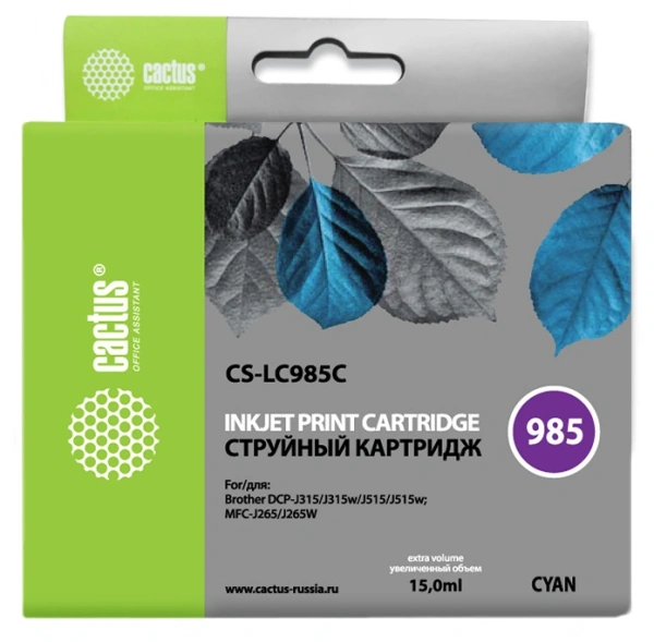 Картридж струйный Cactus CS-LC985C голубой (15мл) для Brother DCPJ315W/DCPJ515W/MFCJ265W с чипом