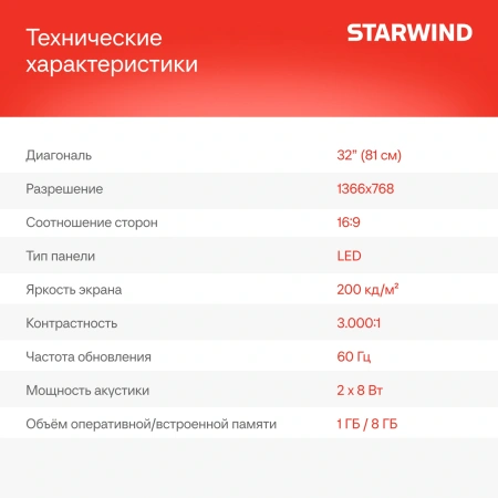 Телевизор LED Starwind 32" SW-LED32SG305 Яндекс.ТВ Frameless черный/черный HD 60Hz DVB-T DVB-T2 DVB-C DVB-S DVB-S2 USB WiFi Smart TV