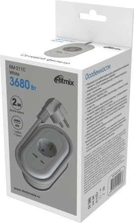 Сетевой фильтр Ritmix RM-211C 2м (1 розетка) белый (коробка)