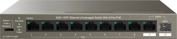 Коммутатор IP-Com G1110PF-8-102W (L2) 9x1Гбит/с 1xКомбо(1000BASE-T/SFP) 1SFP 8PoE 92W неуправляемый